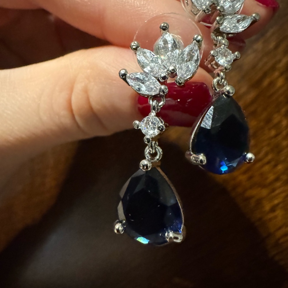 Silver plated Drop Earrings with Deep Blue Teardrop Stones